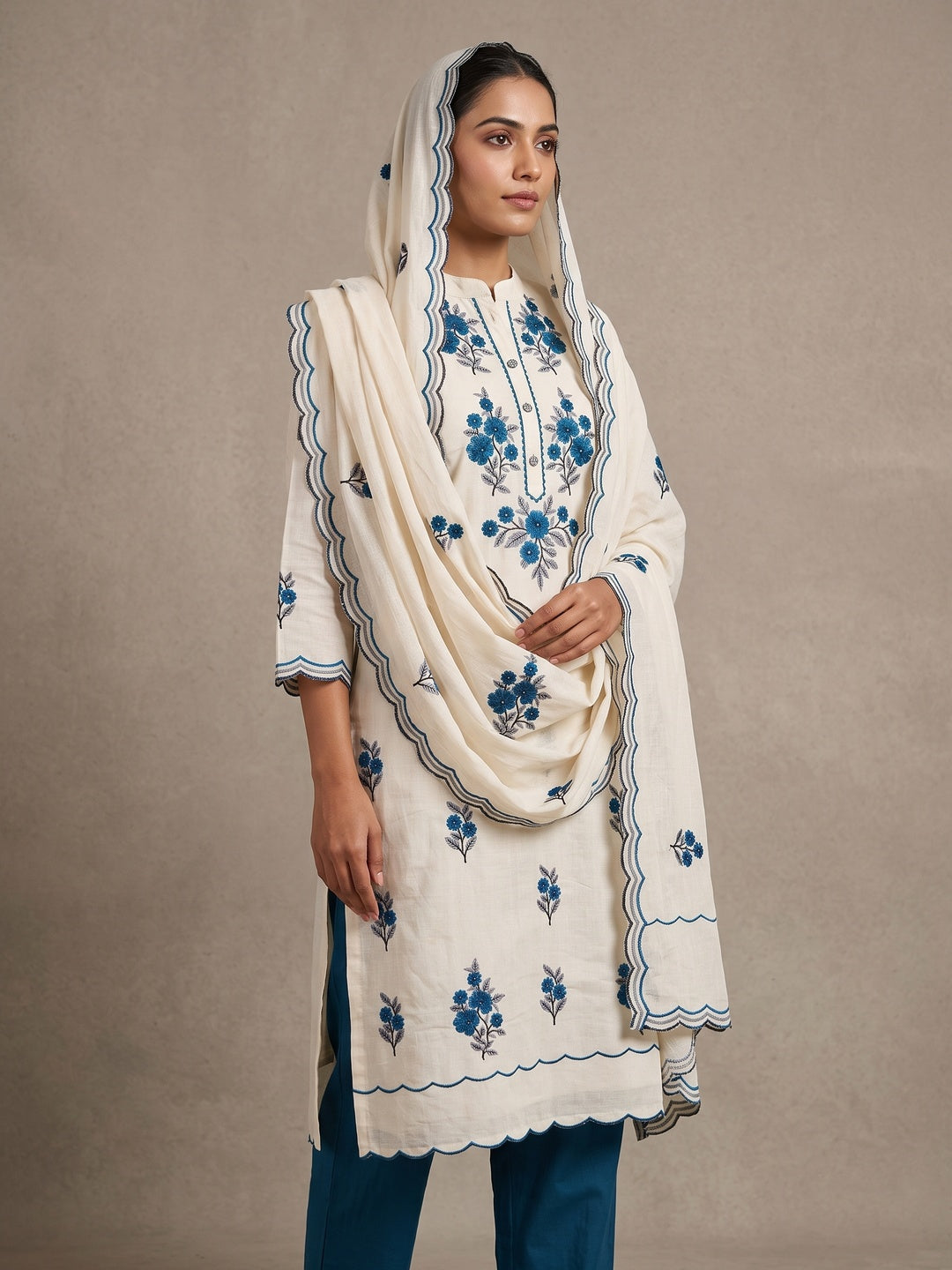Peachmode Teal Floral Embroidered Cotton Dress Material - Image 2