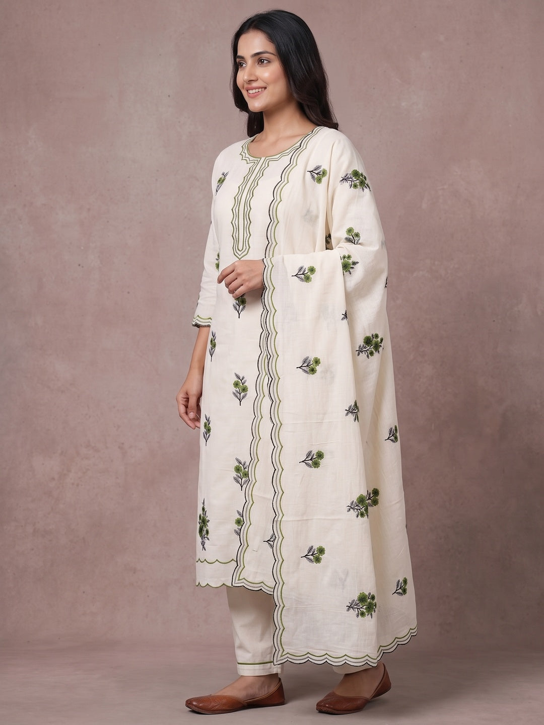 Peachmode Olive Floral Embroidered Cotton Dress Material - Image 5