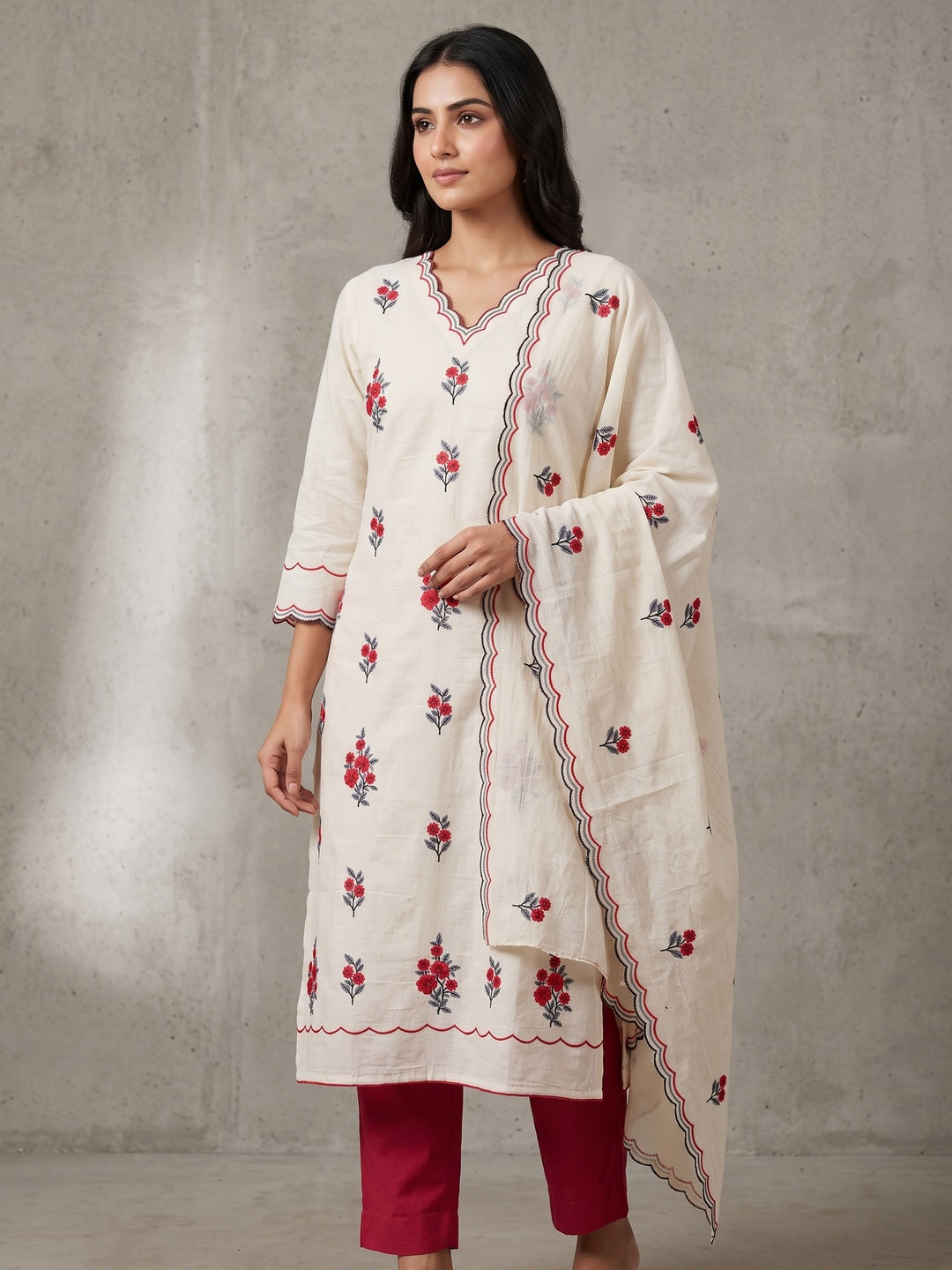 Peachmode Red Floral Embroidered Cotton Dress Material - Image 2