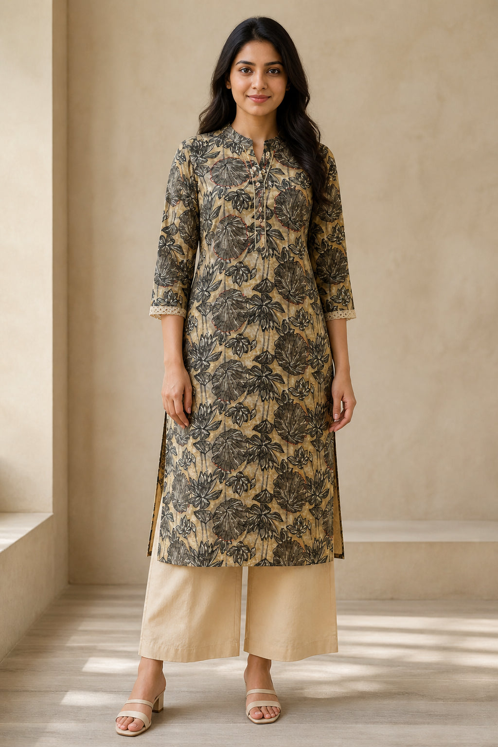 Peachmode Beige Pure Cotton Floral Embroidered Salwar Suit - Image 1