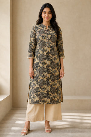 Peachmode Beige Pure Cotton Floral Embroidered Salwar Suit - Image 2