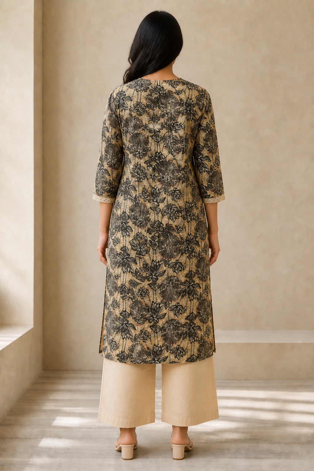 Peachmode Beige Pure Cotton Floral Embroidered Salwar Suit - Image 4