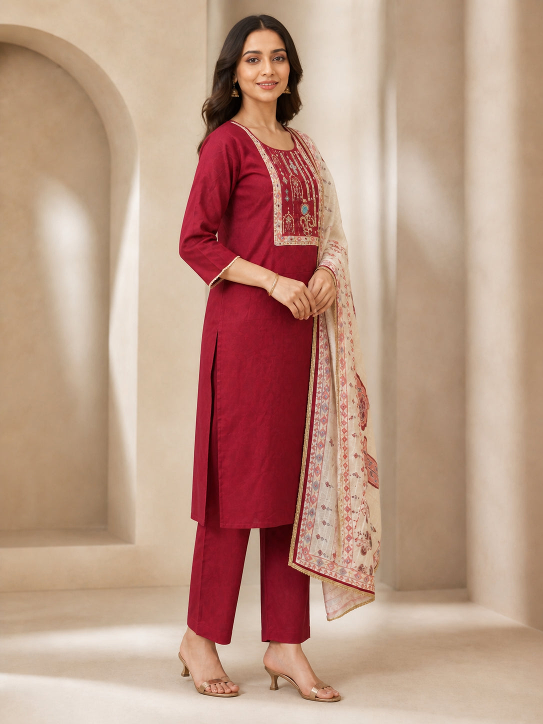 Peachmode Maroon Chanderi Silk Embroidered Salwar Suit - Image 3