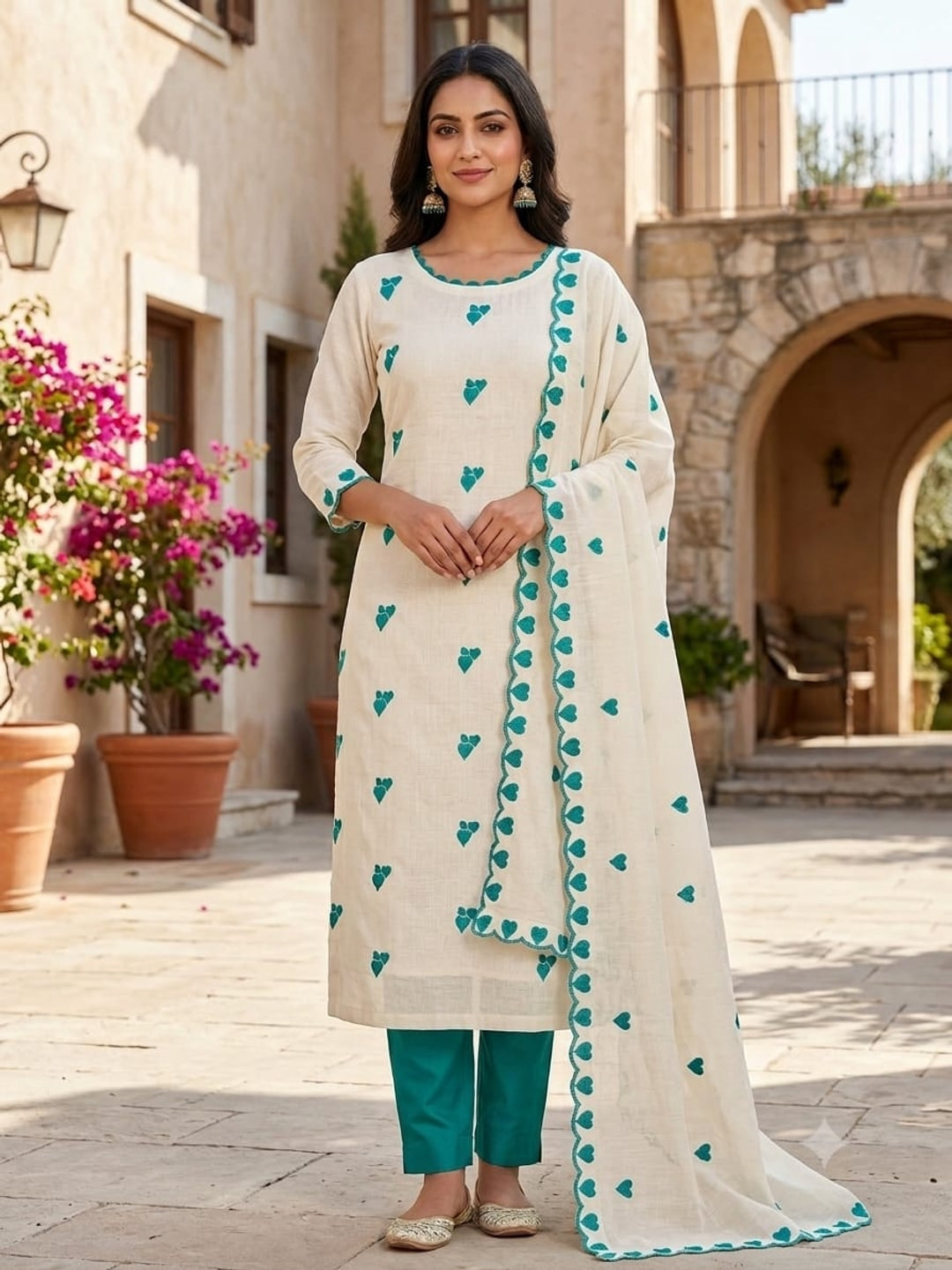 Peachmode Rama Green Embroidered Cotton Dress Material - Image 3