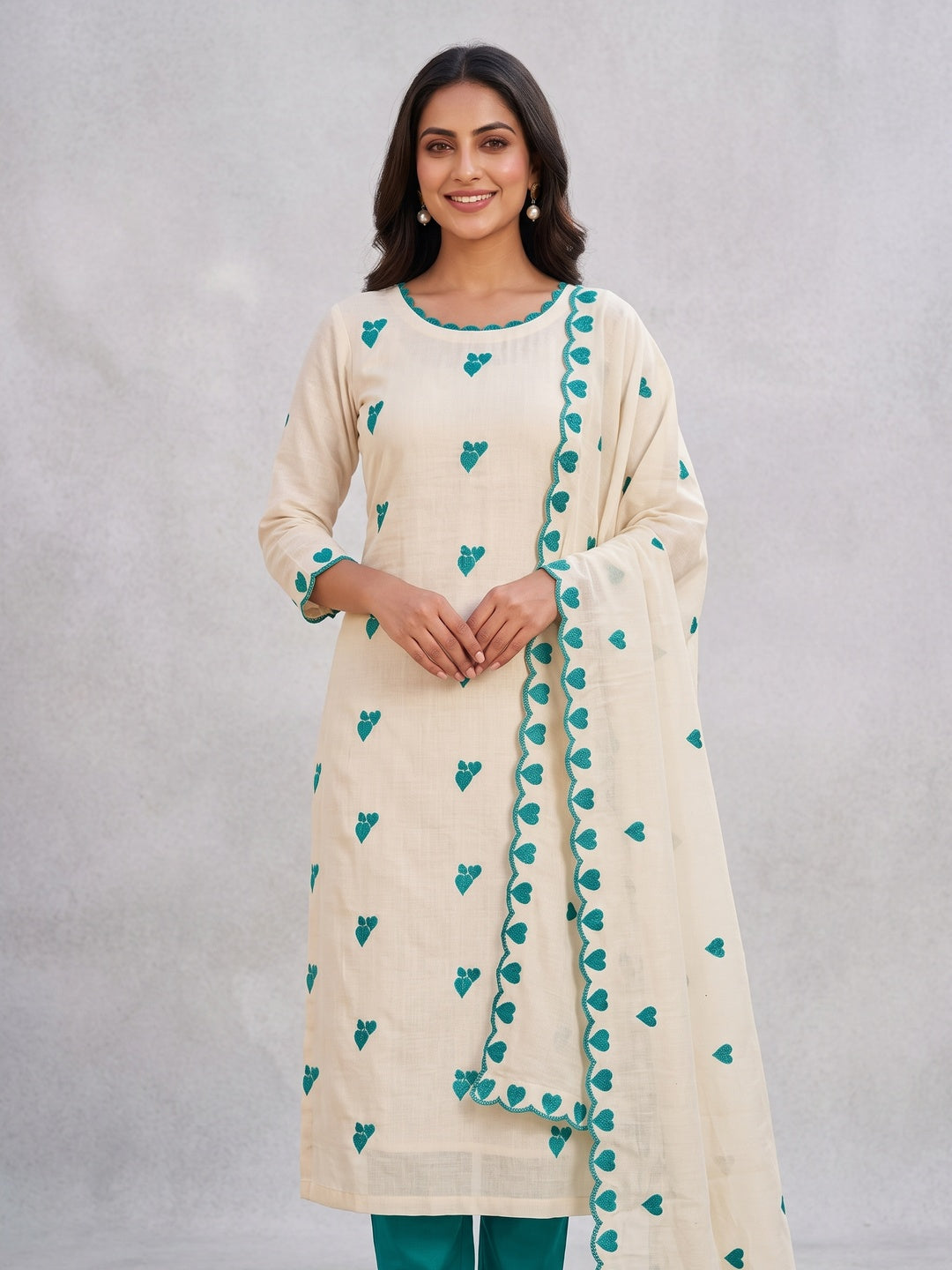 Peachmode Rama Green Embroidered Cotton Dress Material - Image 2