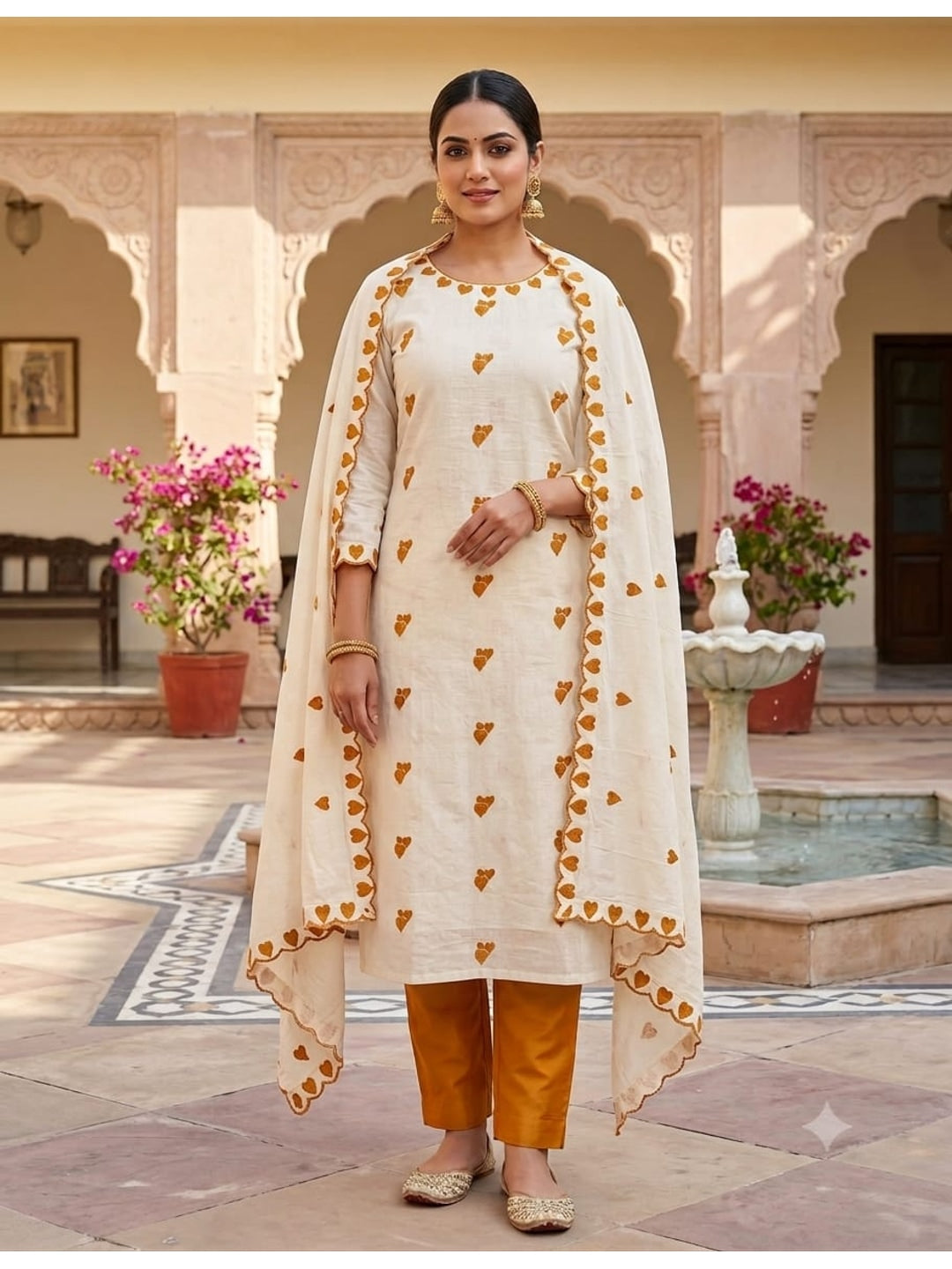 Peachmode Mustard Embroidered Cotton Dress Material - Image 3