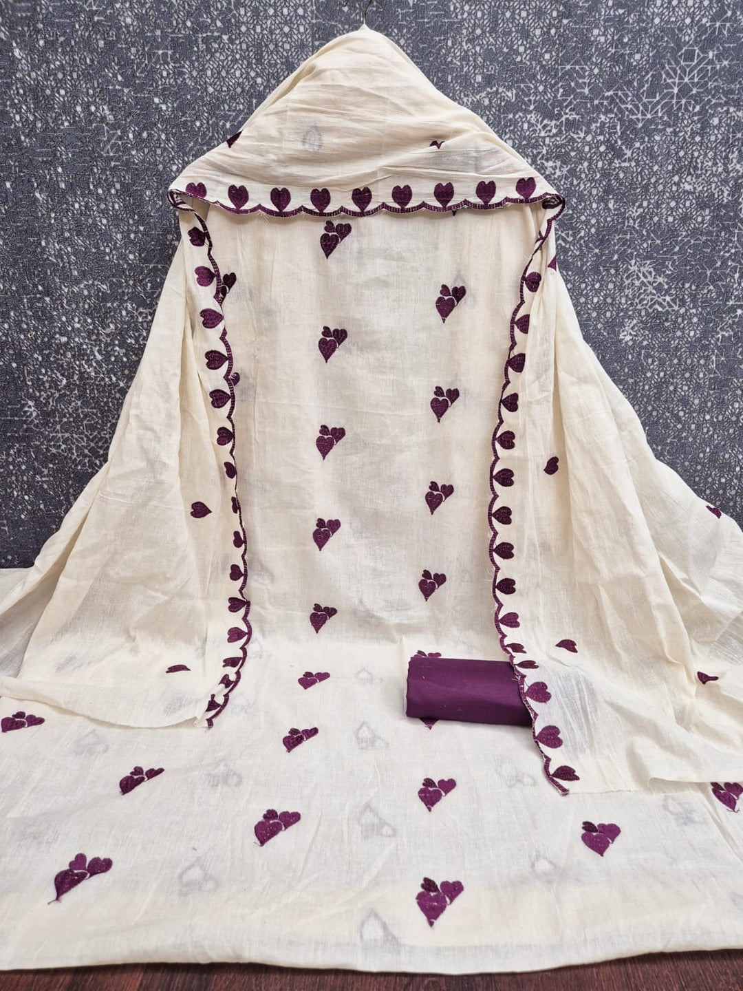 Peachmode Wine Embroidered Cotton Dress Material - Image 5