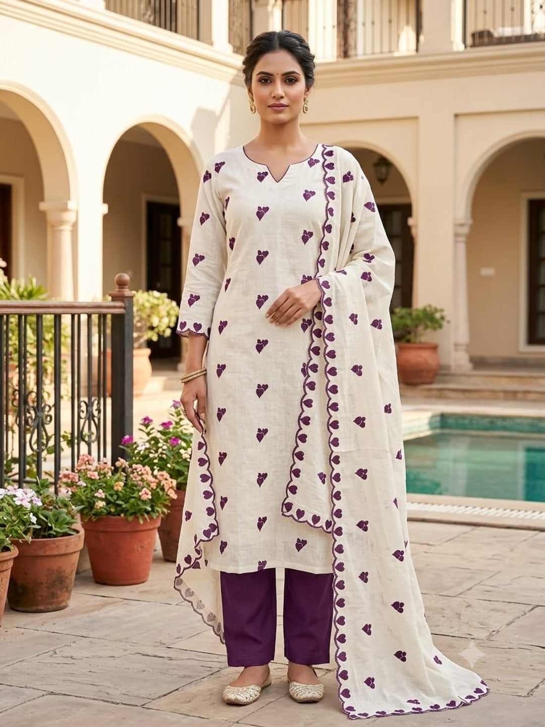 Peachmode Wine Embroidered Cotton Dress Material - Image 3
