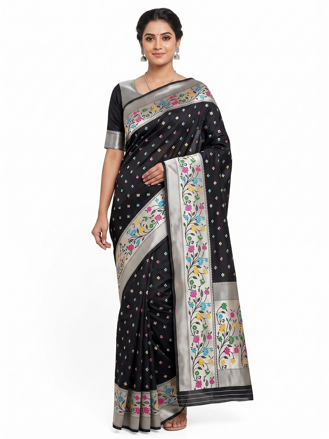 Festive Banarasi Silk Paithani Saree in Black Enhanced with Zari Weaving - Image 1