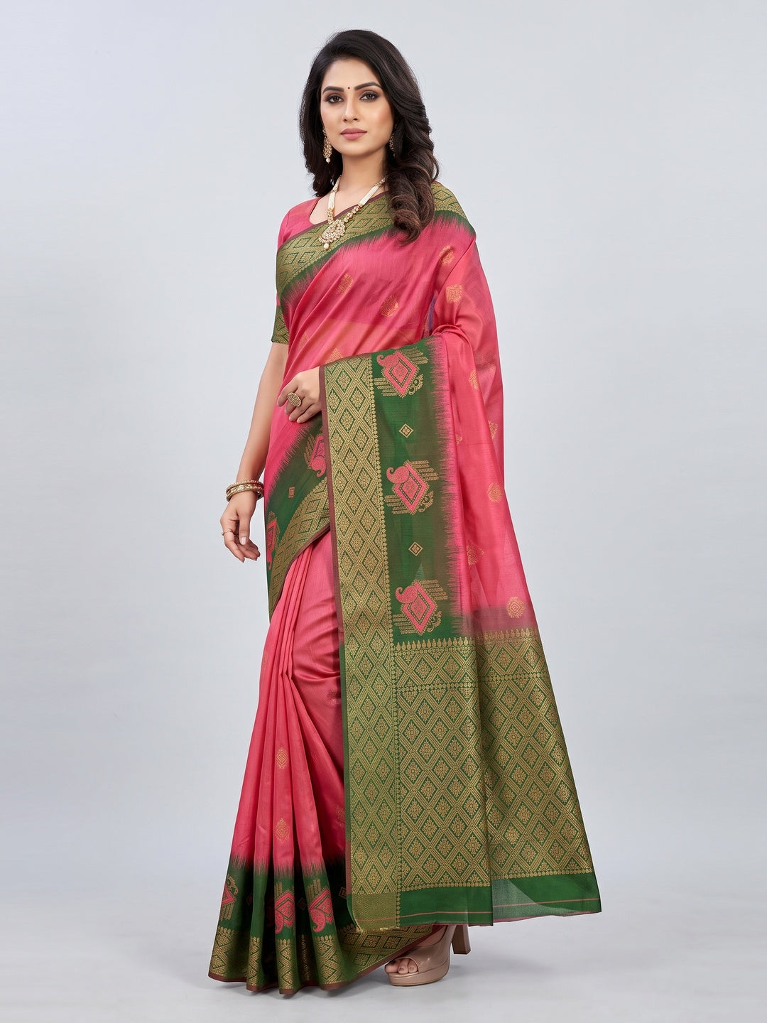 Gajri Pink & Green Classic Tissue Silk Saree with Zari Weaving - Image 1