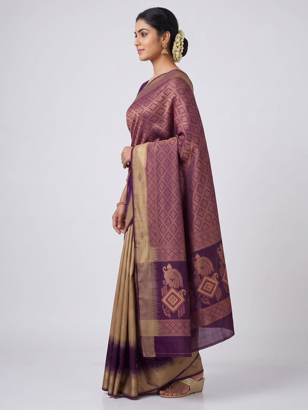Beige & Purple Classic Tissue Silk Saree with Zari Weaving - Image 3