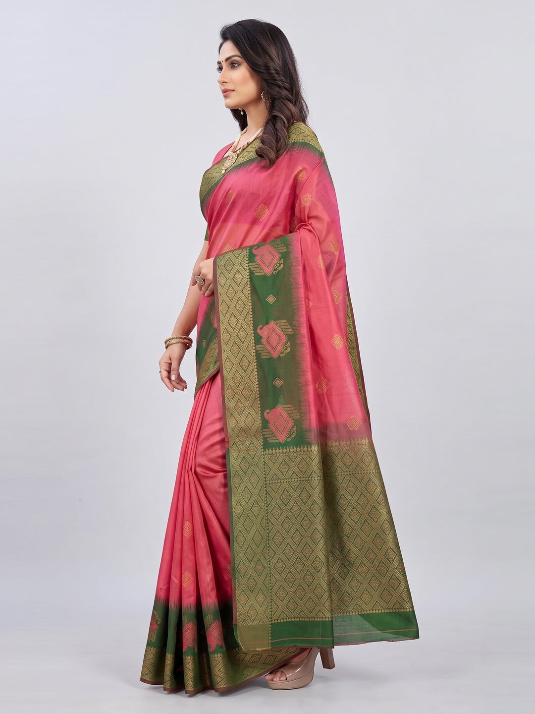 Gajri Pink & Green Classic Tissue Silk Saree with Zari Weaving - Image 3