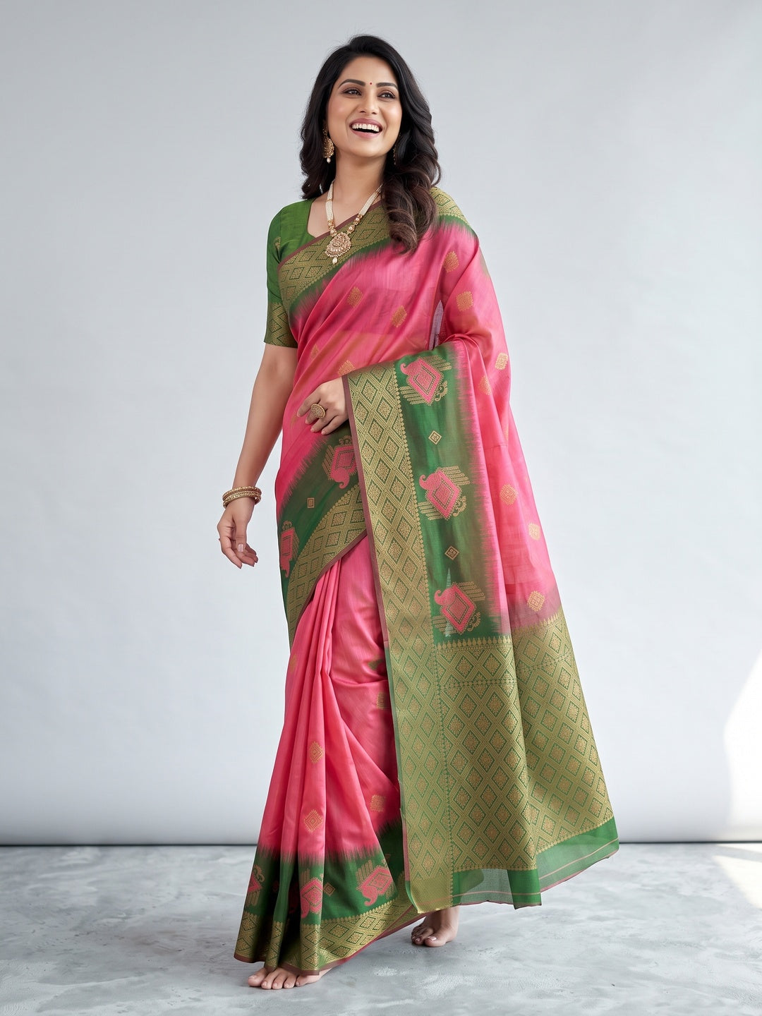Gajri Pink & Green Classic Tissue Silk Saree with Zari Weaving - Image 4