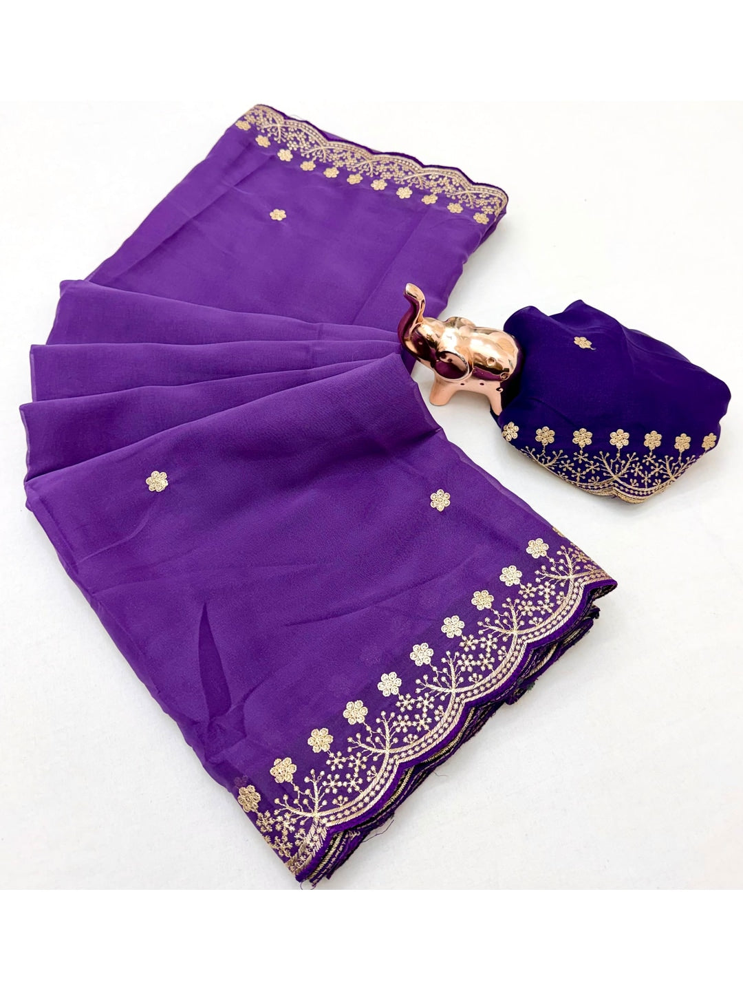 Peachmode Purple Floral Embroidered Georgette Saree - Image 2