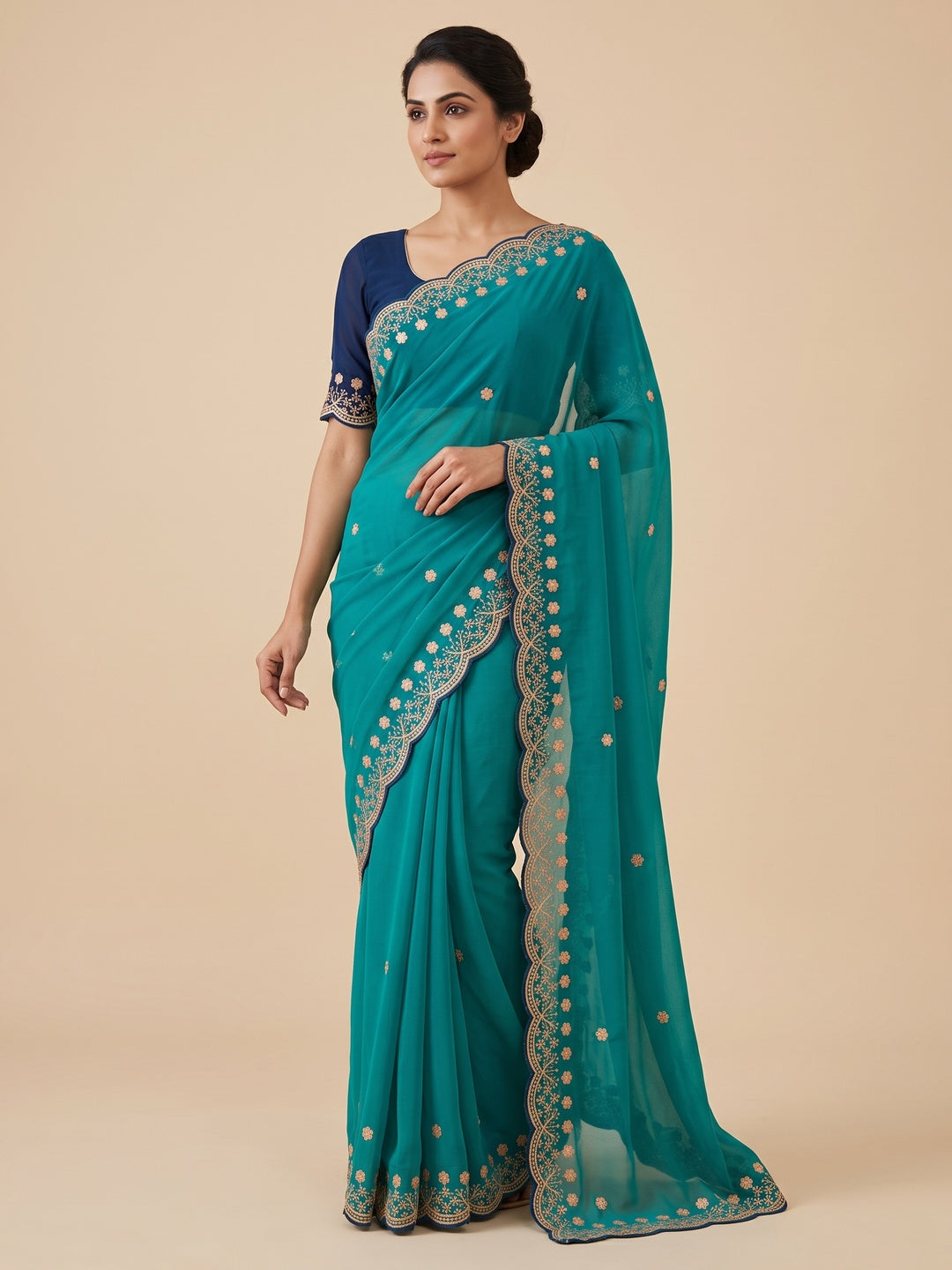 Peachmode Teal Floral Embroidered Georgette Saree - Image 1