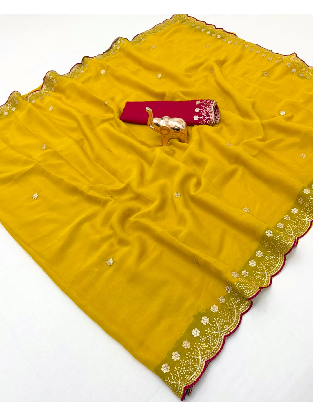 Peachmode Mustard Floral Embroidered Georgette Saree - Image 4