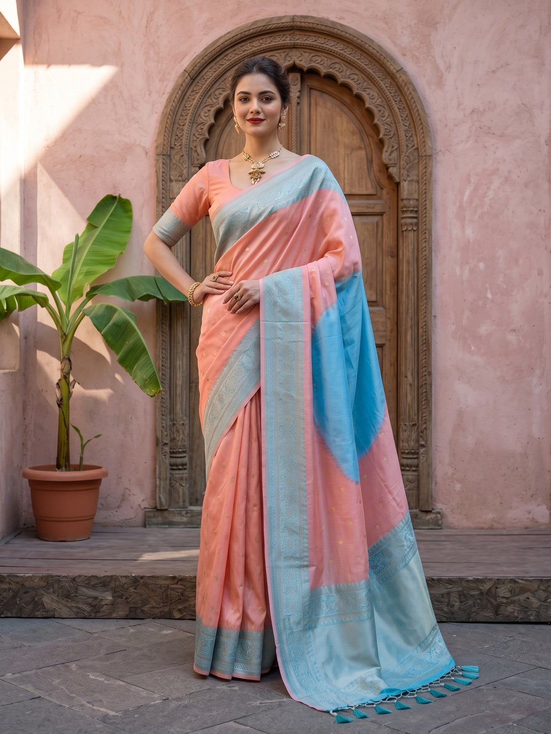 Peach & Blue Zari Butti Work Banarasi Silk Saree - Image 3