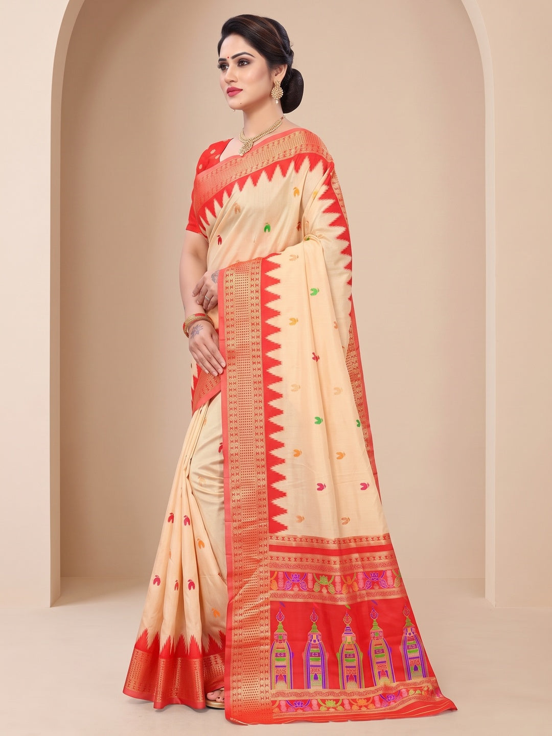 Peachmode Cream and Red Pure Silk Kalash Woven Saree - Image 3