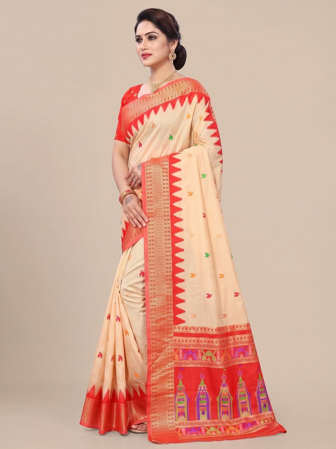 Peachmode Cream and Red Pure Silk Kalash Woven Saree - Image 4