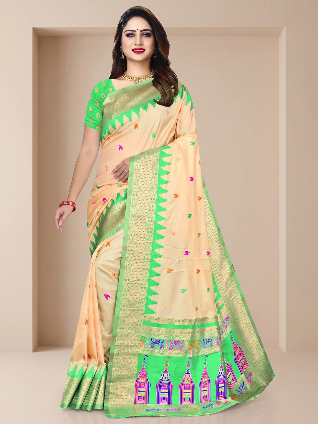 Peachmode Cream and Green Pure Silk Kalash Woven Saree - Image 1