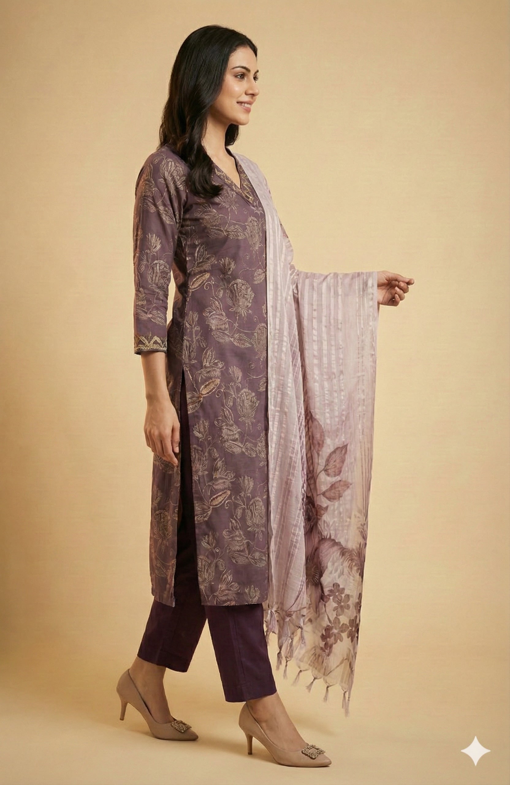 Dark Lavender Viscose Straight-Cut Salwar Suit Adorned with Graceful Floral Prints - Image 3
