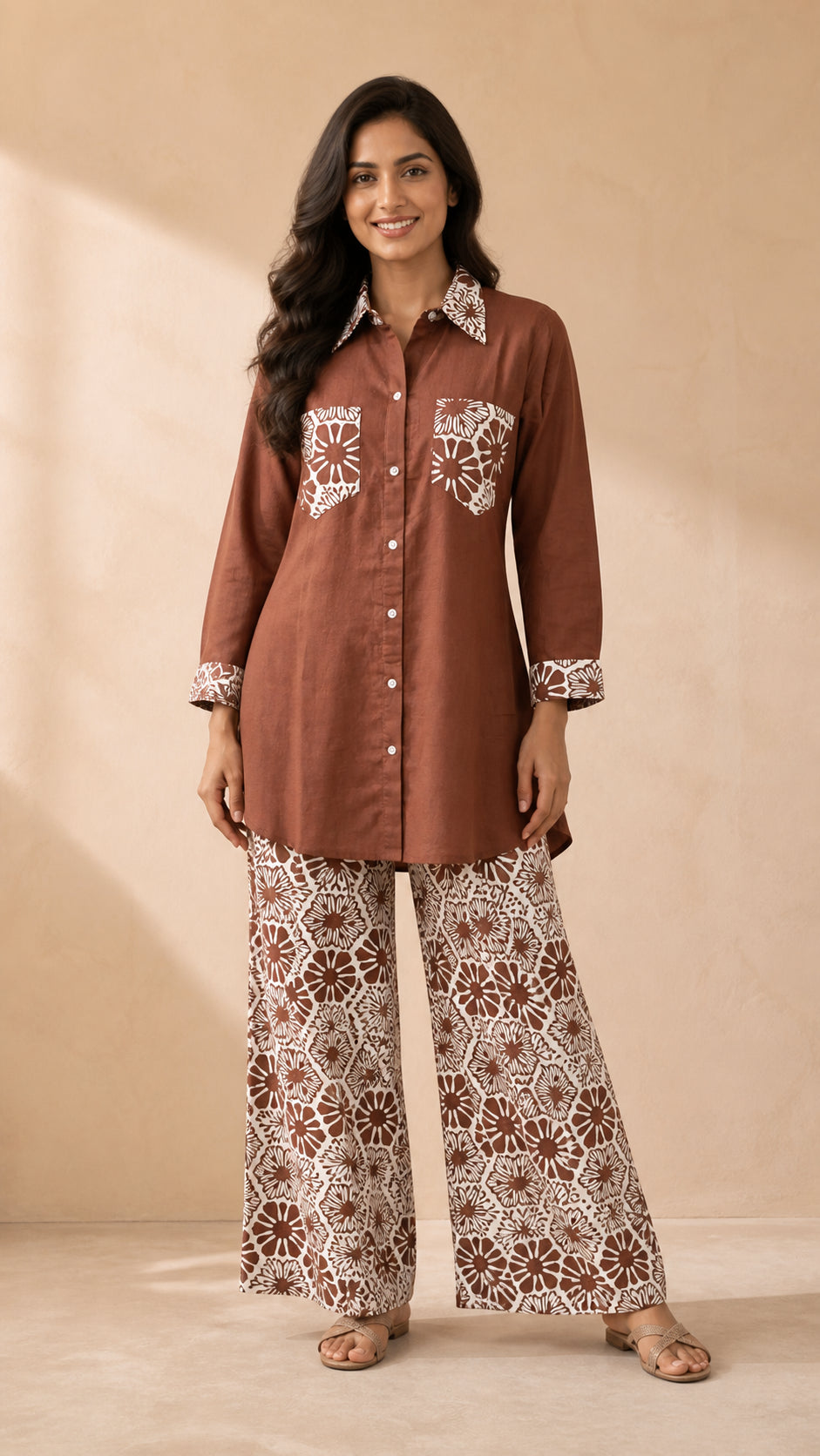 Peachmode Brown Cotton Flex Top Bottom Set - Image 1