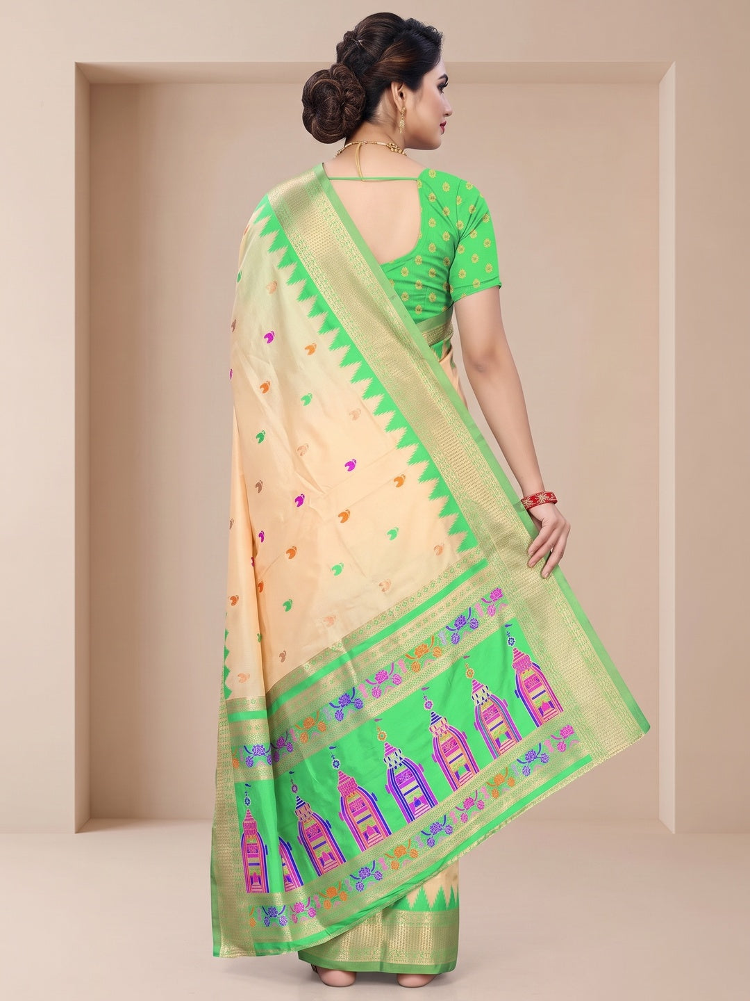 Peachmode Cream and Green Pure Silk Kalash Woven Saree - Image 5