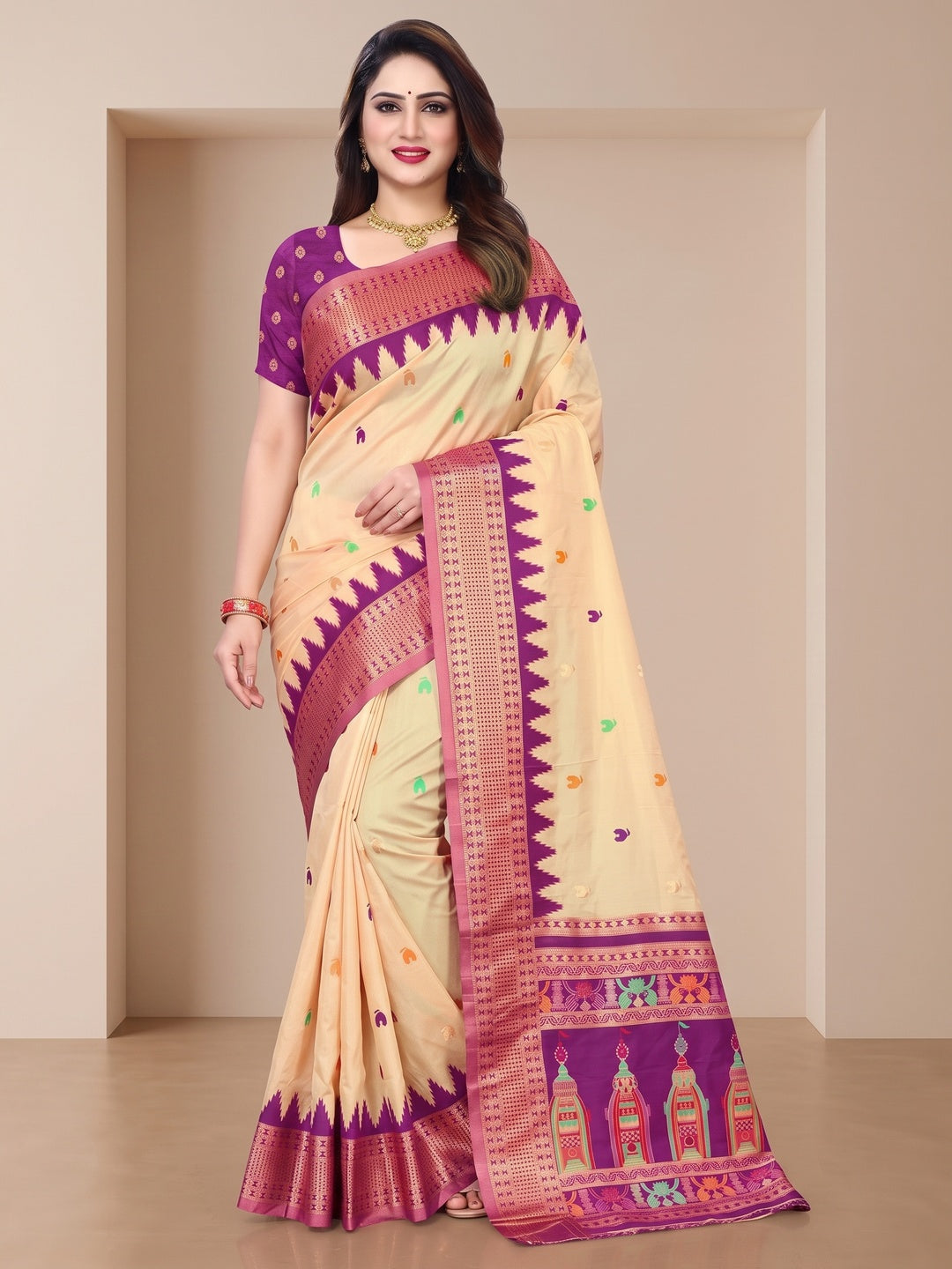 Peachmode Cream and Wine Pure Silk Kalash Woven Saree - Image 2