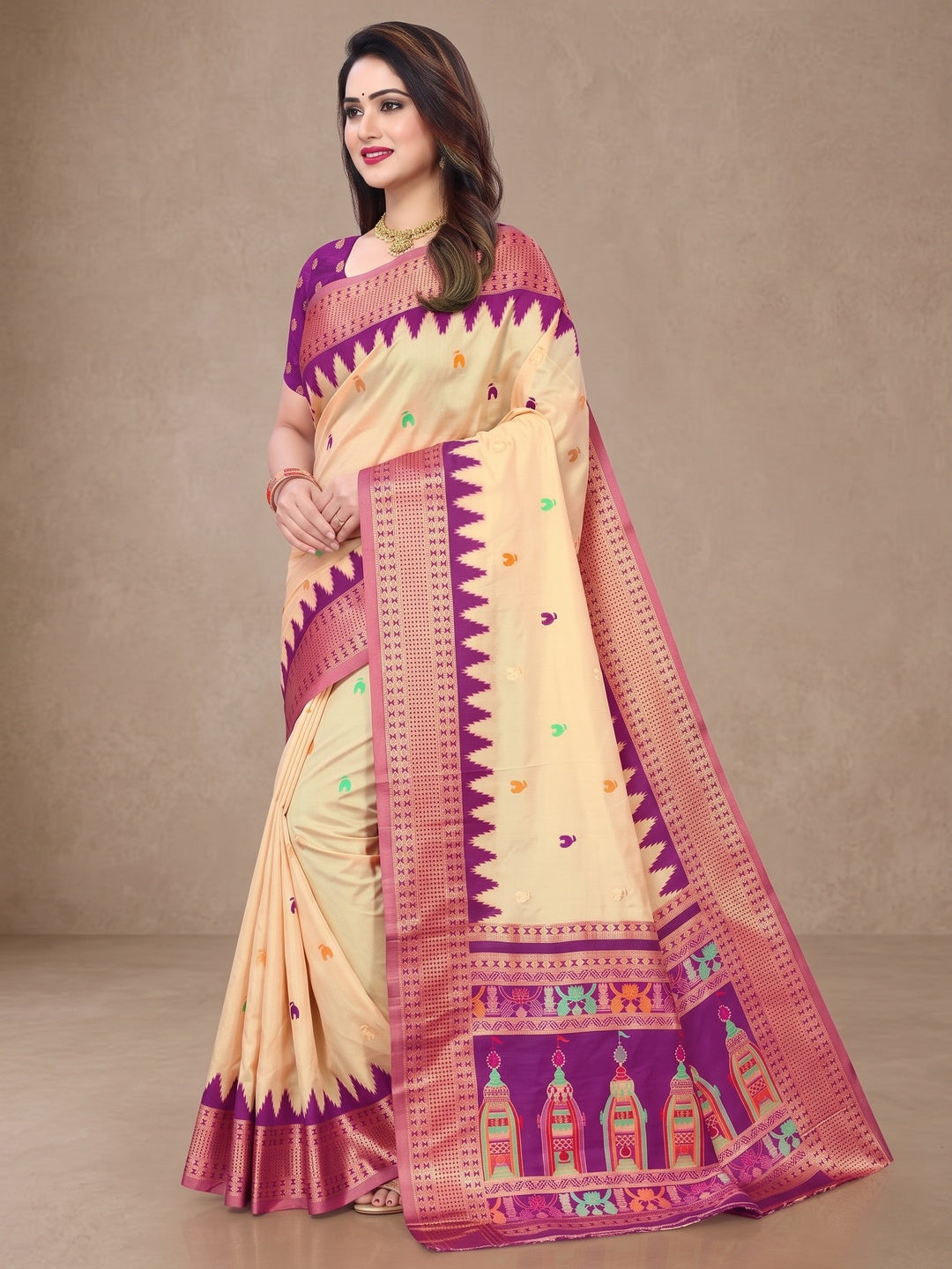 Peachmode Cream and Wine Pure Silk Kalash Woven Saree - Image 3