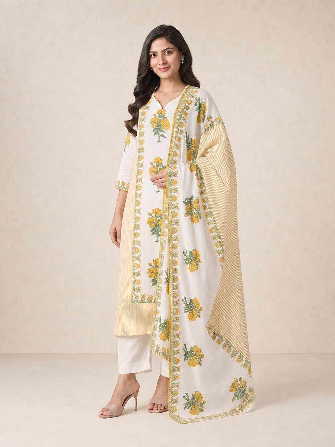 Floral Printed Off White Pure Cotton Straight Suit Set - Image 4