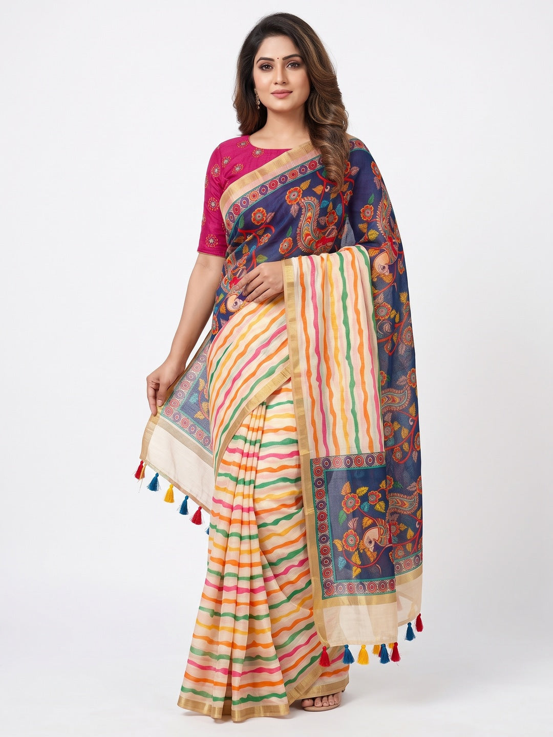 Peachmode Multicolor B Kalamkari Print Linen Cotton Saree - Image 1