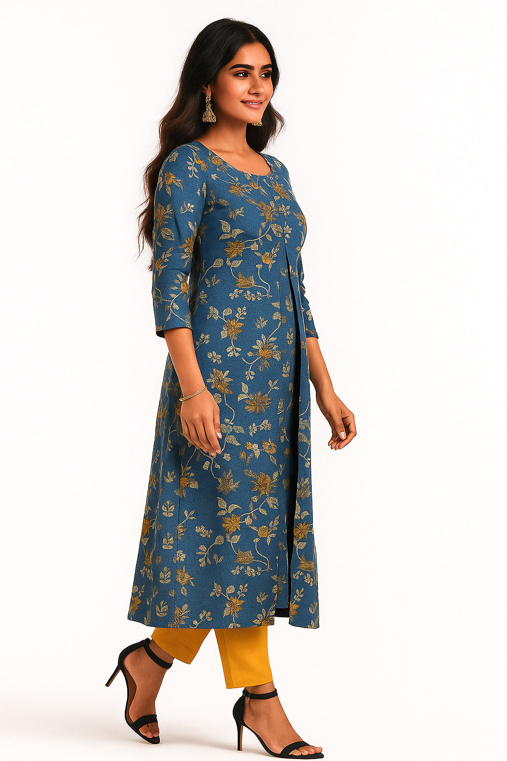 Blue Cotton Top Bottom Set Featuring Floral Prints & Handcrafted Details - Image 2