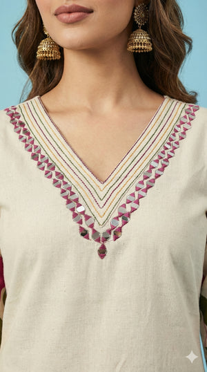 White Printed Cotton Top Bottom Set Ensemble with Mirror Embroidered Neckline - Image 1