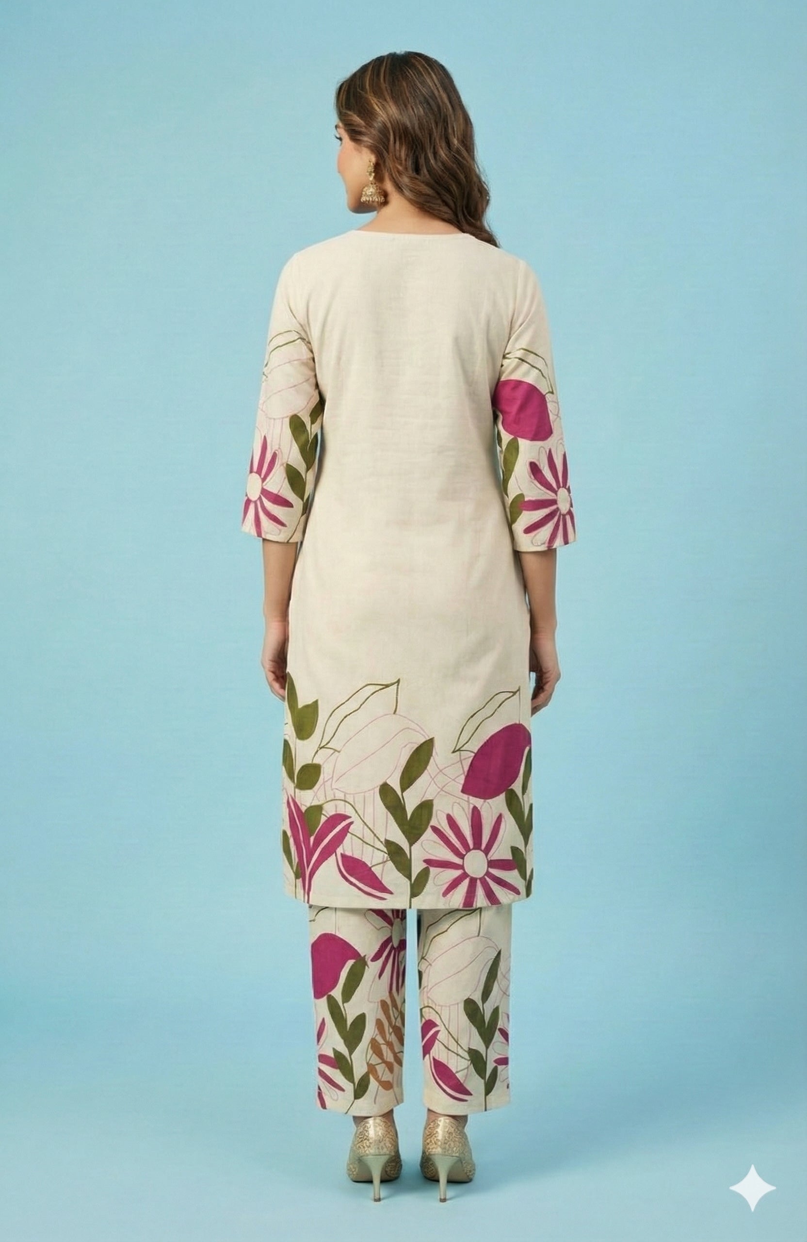 White Printed Cotton Top Bottom Set Ensemble with Mirror Embroidered Neckline - Image 2
