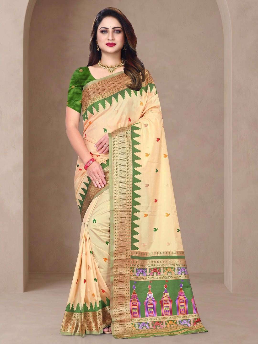 Peachmode Cream and Dark Green Pure Silk Kalash Woven Saree - Image 2