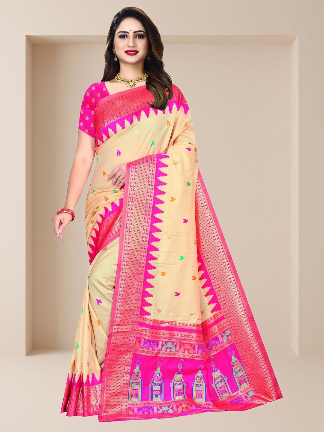Peachmode Cream and Pink Pure Silk Kalash Woven Saree - Image 1