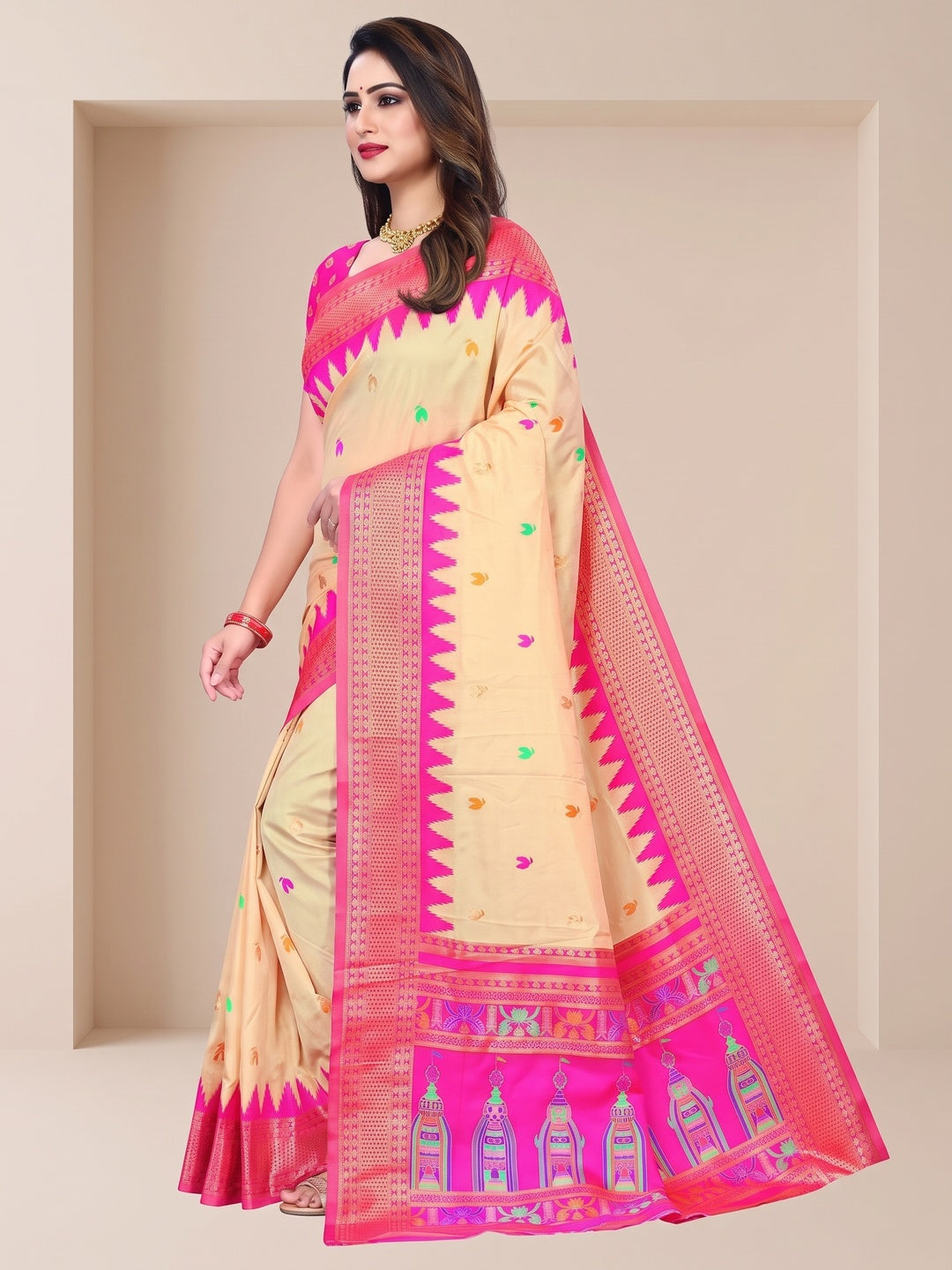 Peachmode Cream and Pink Pure Silk Kalash Woven Saree - Image 3