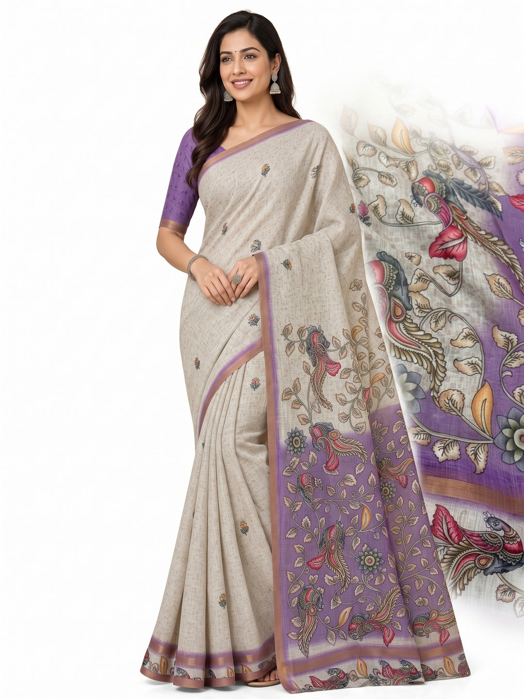 Peachmode Purple Linen Cotton Digital Printed Saree - Image 4