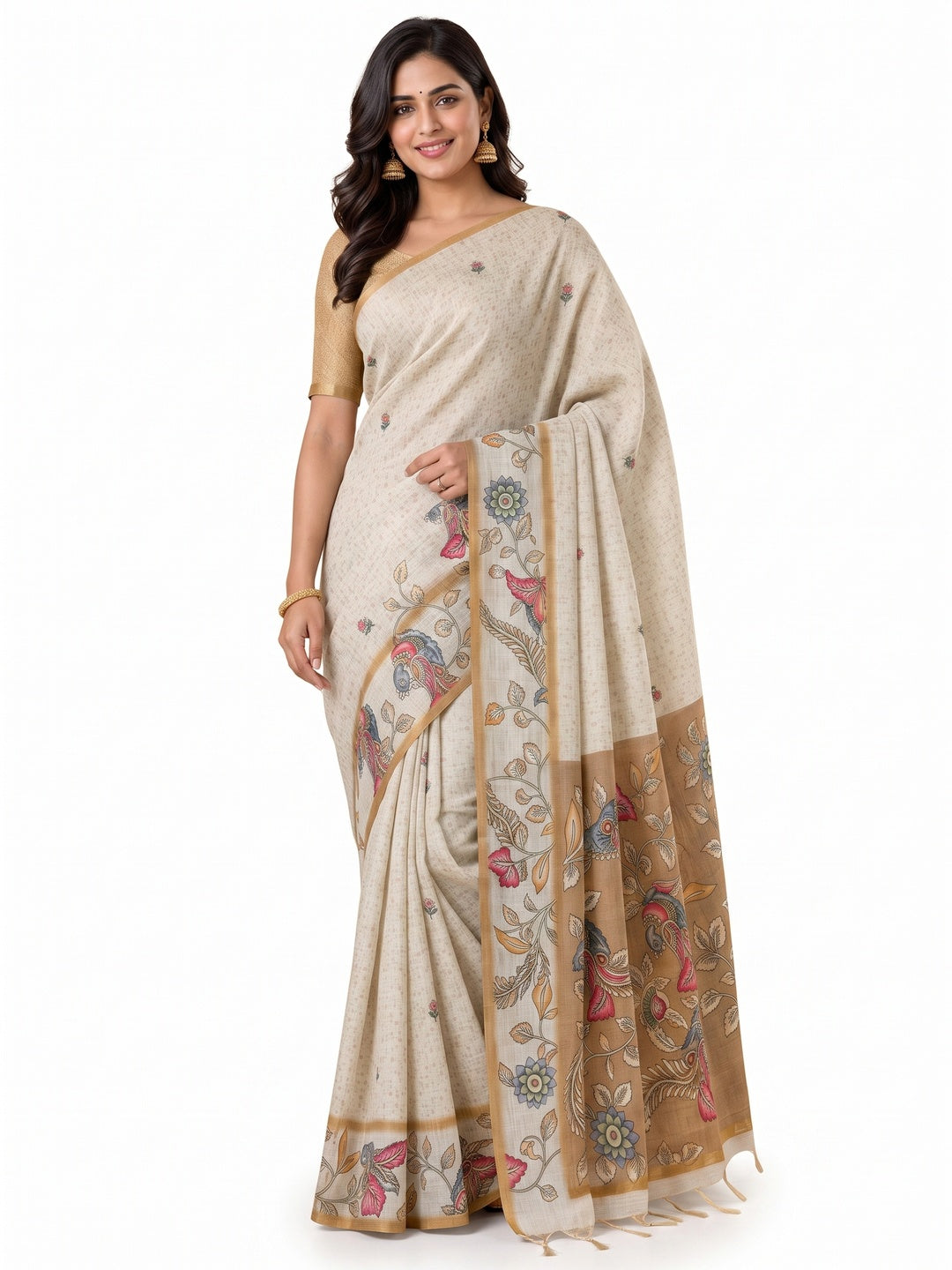 Peachmode Beige Linen Cotton Digital Printed Saree - Image 4