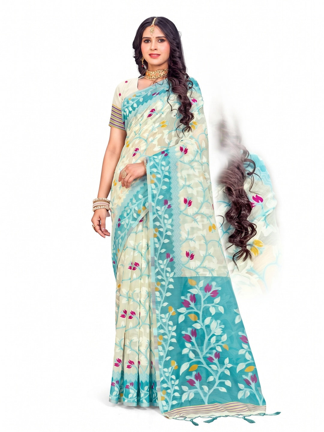 Peachmode Sea Green Cotton Blend Saree - Image 4
