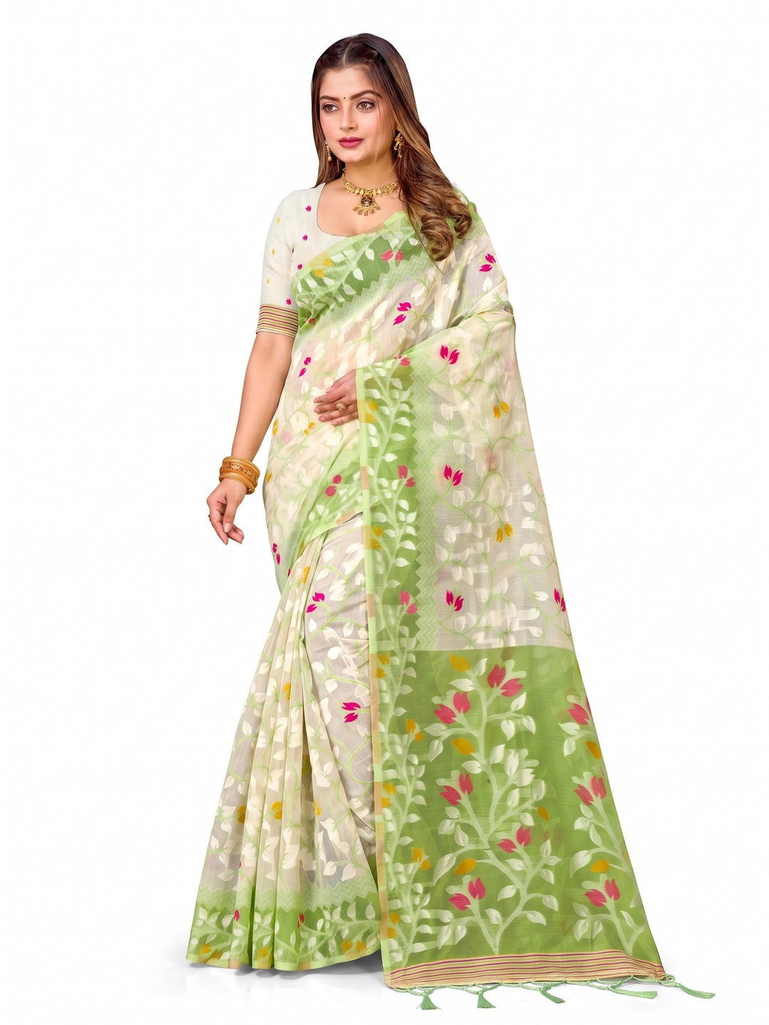 Peachmode Green Cotton Blend Kashish Saree - Image 4