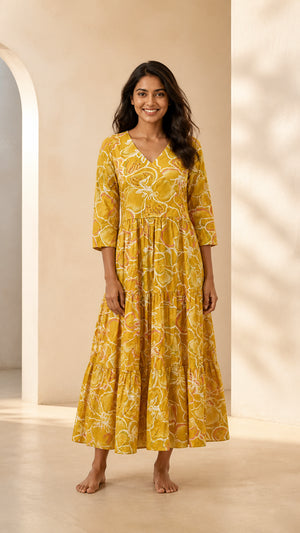 Peachmode Yellow Pure Cotton Floral Tiered Embellished Maxi Dress - Image 1