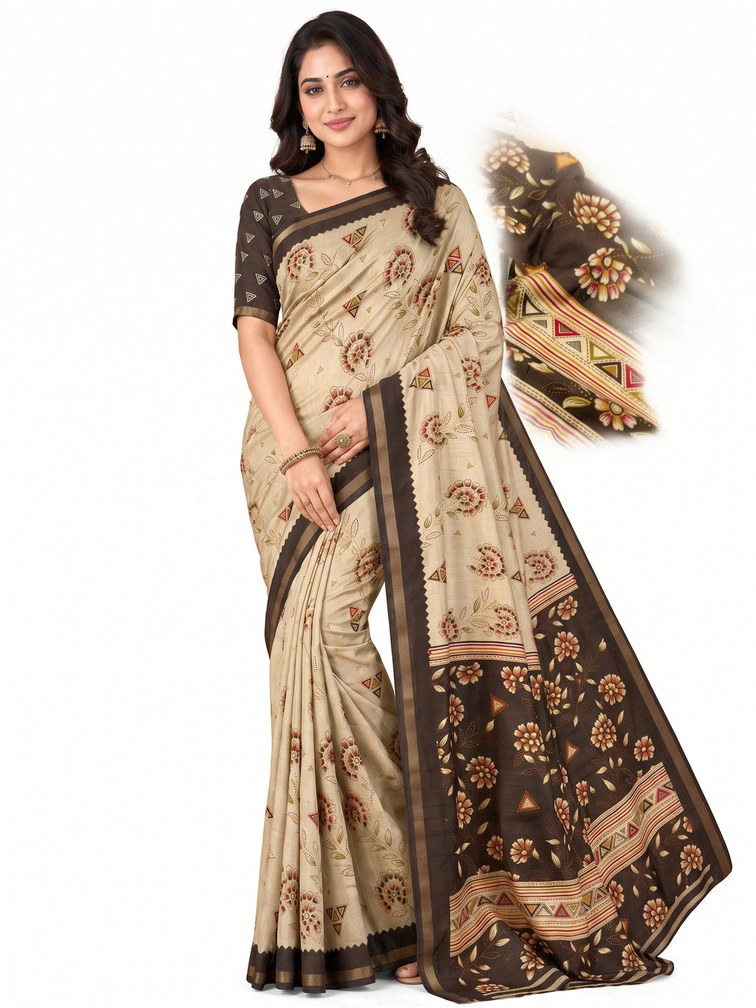 Peachmode Brown Cotton Blend Floral Printed Saree - Image 4