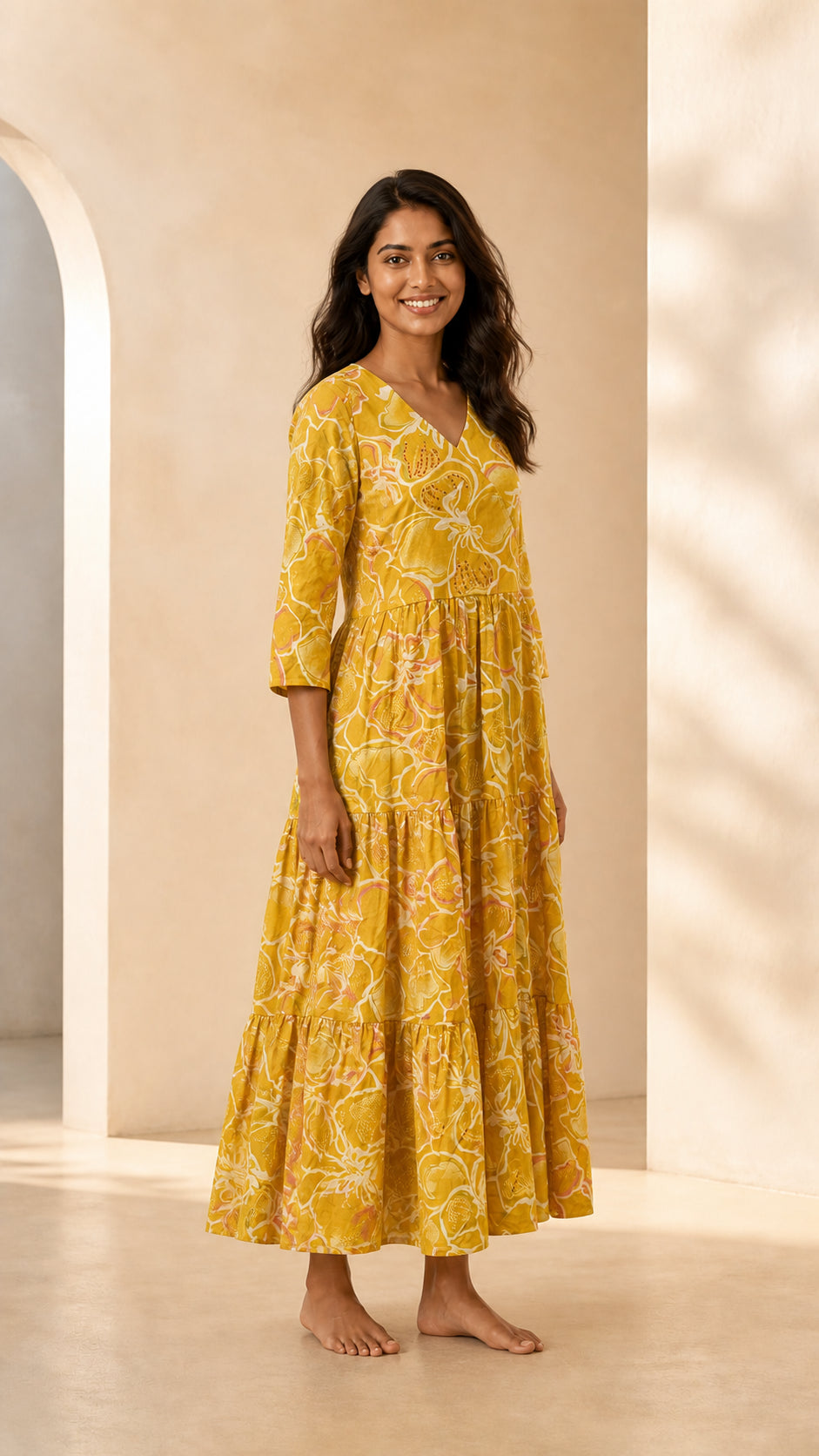 Peachmode Yellow Pure Cotton Floral Tiered Embellished Maxi Dress - Image 3