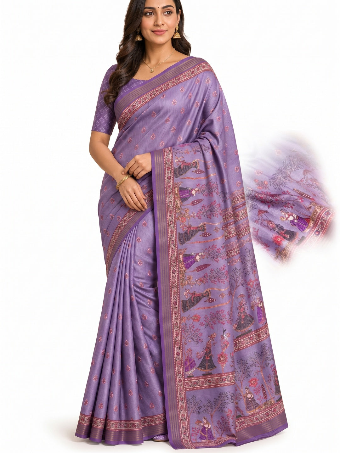 Peachmode Lavender Cotton Silk Digital Printed Saree - Image 4
