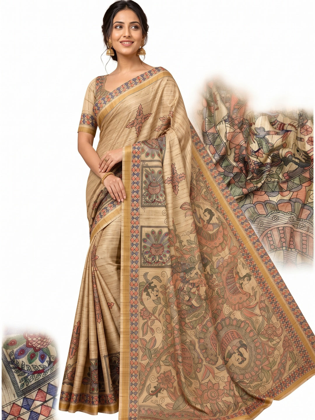 Peachmode Beige & Peach Art Silk Digital Printed Saree - Image 4