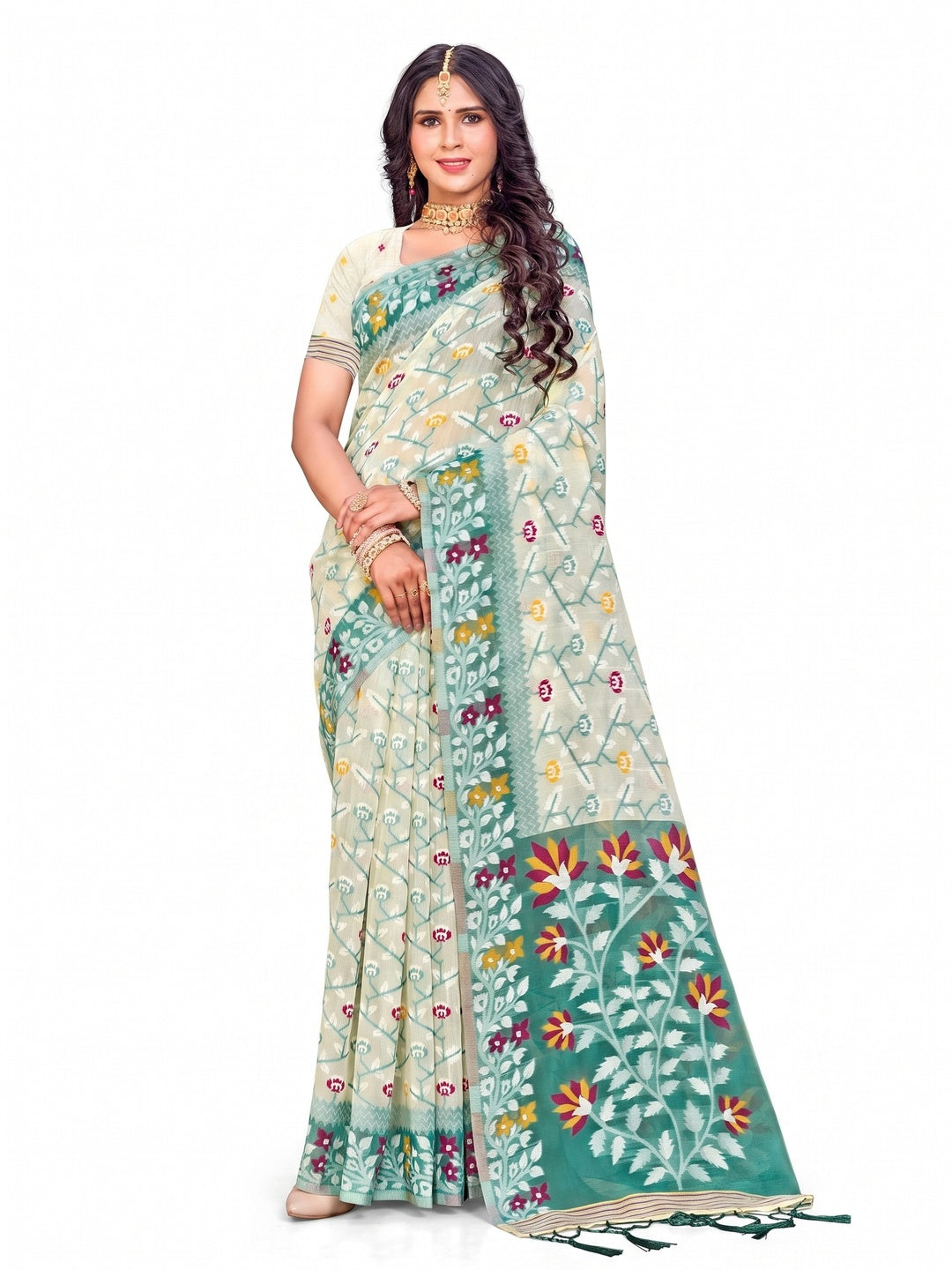 Peachmode Mint Green Cotton Blend Saree - Image 4