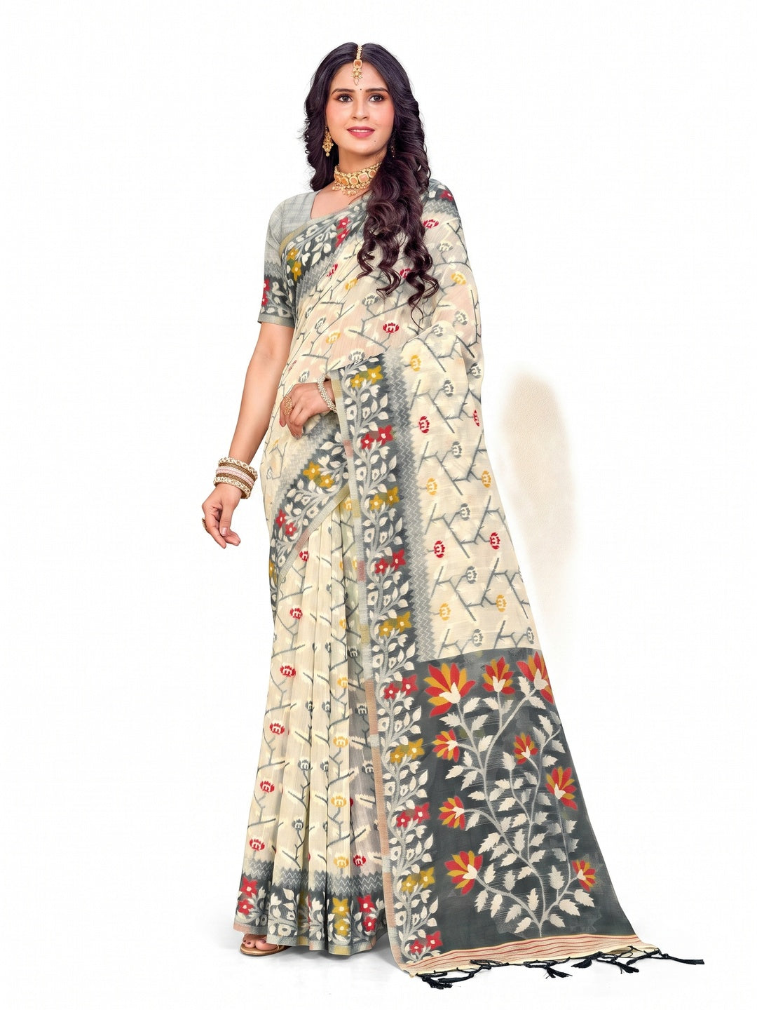 Peachmode Grey Cotton Blend Kashish-03 Saree - Image 4