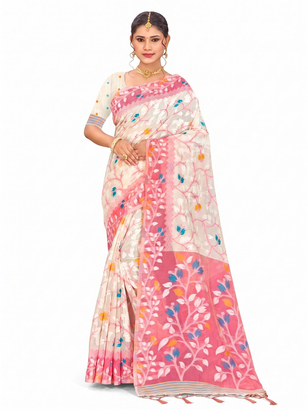 Peachmode Pink Cotton Blend Kashish Saree - Image 4
