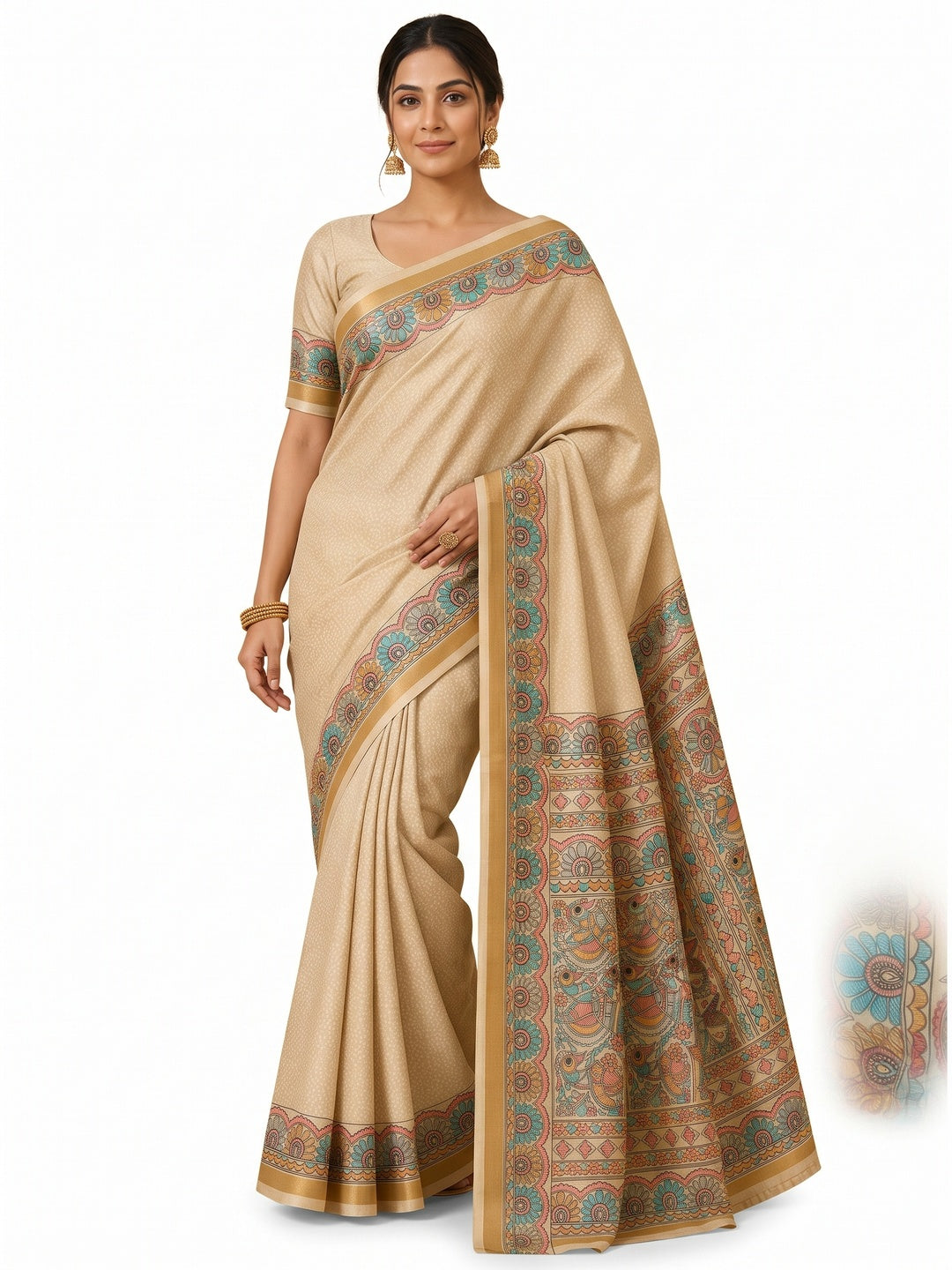 Peachmode Beige & Turquoise Art Silk Digital Printed Saree - Image 4